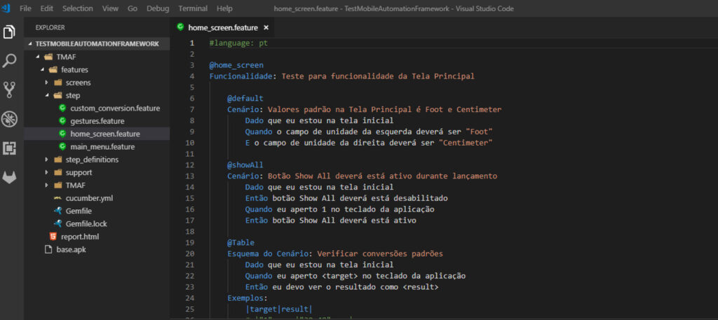 Estrutura de projeto no VSCode com Cucumber + Ruby