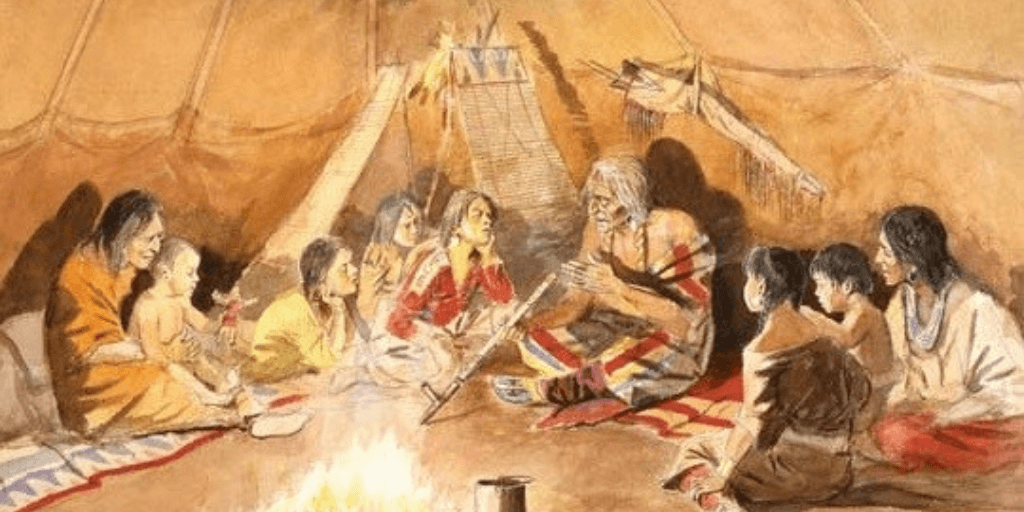 Ilustração de indígenas americanos contando histórias 