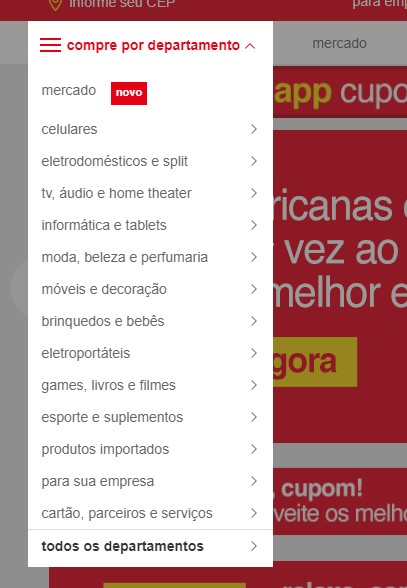 Categorias de produtos da Americanas, exemplo de lista dropdown.