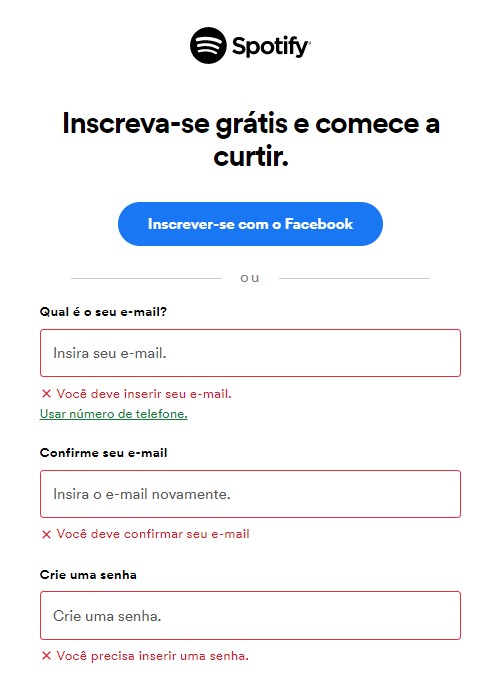 Print da página de login do Spotify, com erros apontados para o usuário.