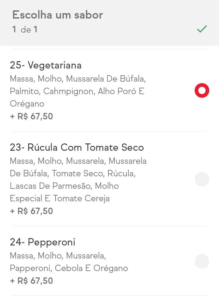 Print do iFood, em uma tela que permite escolher vários sabores de pizza, um exemplo de radio buttons.