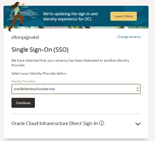 Seleção de Identity Provider na página da Oracle.