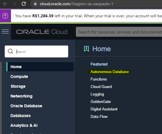 Menu lateral da Oracle Cloud.