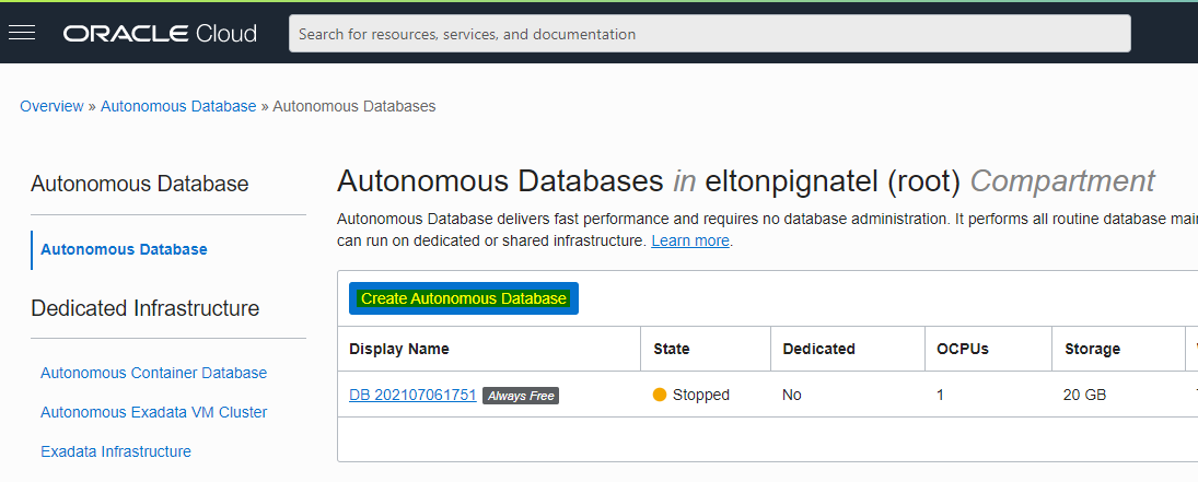 Página de criação e Autonomous Databases.