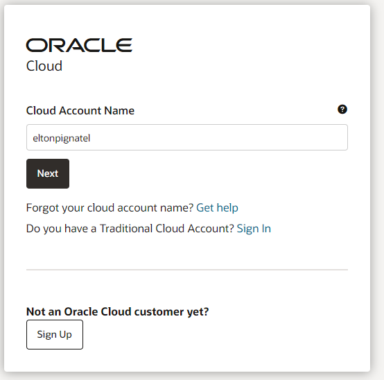 Tela de identificação Oracle Cloud.